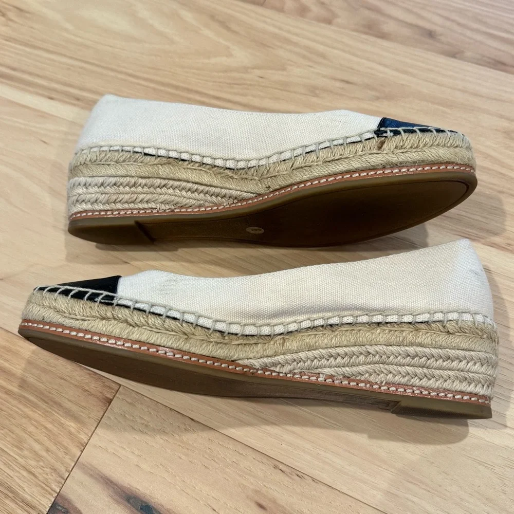 Tory Burch Beige Canvas Espadrille Flats with Black Toe Caps